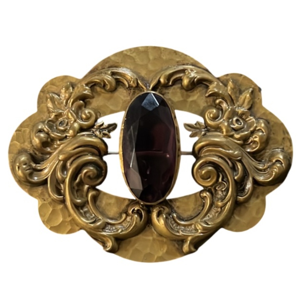Antique Victorian Bronze Floral Purple Stone Brooch